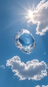 Crystal gem floats in bright sky under radiant sun.