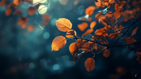 Autumn leaves on branch in dreamy bokeh background, moody style.