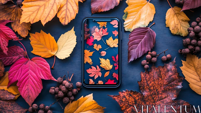 Smartphone lies amid vivid autumn leaves on dark backdrop