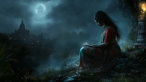 Moonlit temple dreamer in jeweled silence of the hills.