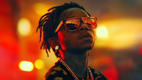 Stylized urban portrait isolates subject in neon sunset bokeh