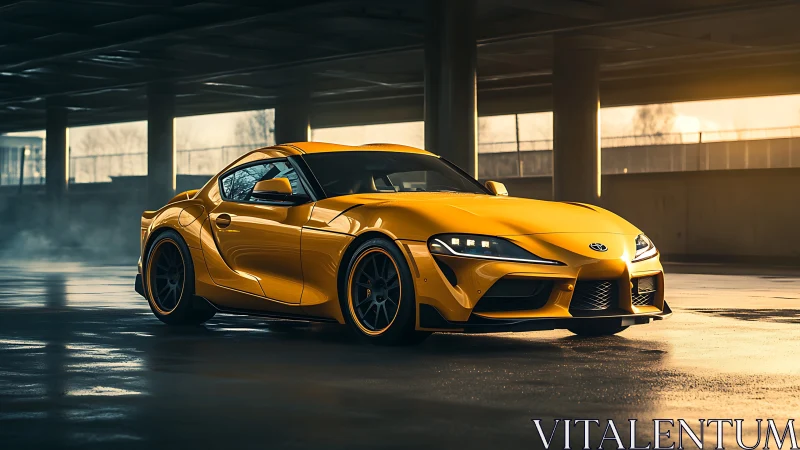 Golden sports coupe resting in soft urban sunrise light.