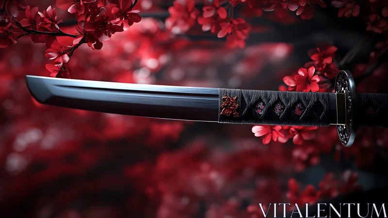Katana blade poised amid crimson cherry blossoms at dusk.