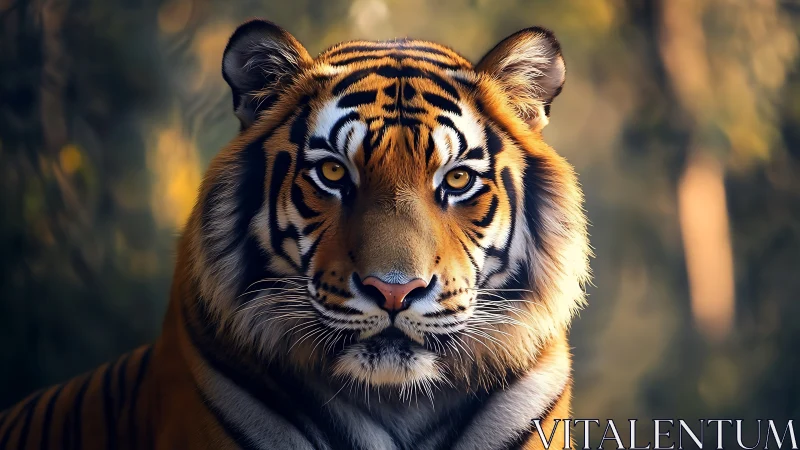 Frontal tiger portrait with high-frequency fur detail rendering.