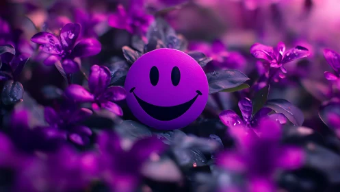 Smiley face hiding in dreamy neon purple flower garden.