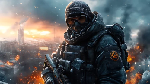 Heavily armored soldier stands in burning urban warzone environment