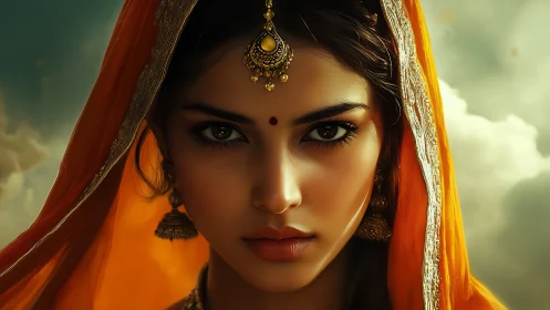 Portrait of woman in orange veil with traditional jewelry.
