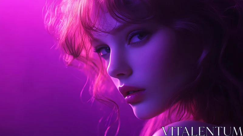 Neon-lit portrait captures ethereal pink and violet gaze.