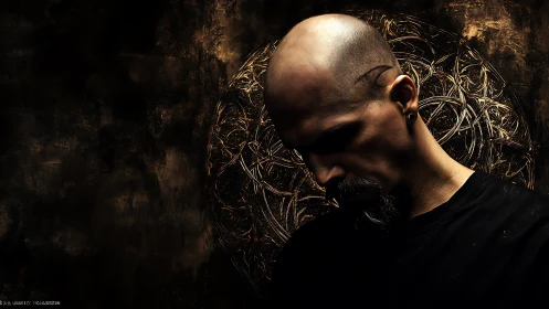 Bald man in shadowed profile before intricate golden halo