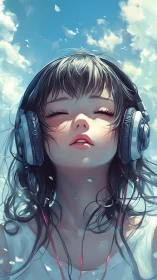 Anime girl with headphones rendered in luminous digital detail