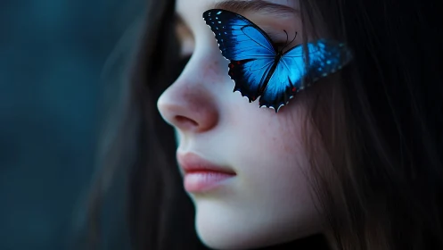 Side profile of young face with blue butterfly on eyelid.