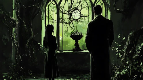 Silhouetted figures confront a luminous overgrown gothic window