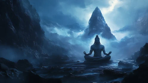 Serene mountain meditation under a mystical blue sky.