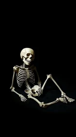 Human skeleton model sits relaxed against black background