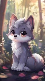 Soft-lit chibi wolf pup sitting in tranquil forest clearing.