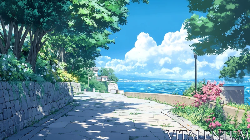 Anime coastal promenade with sunlit foliage and stonework path.