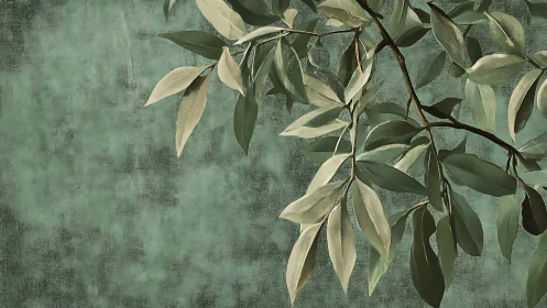 Muted olive branch on textured teal painterly backdrop.