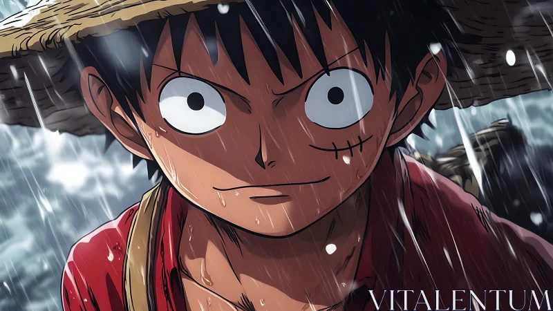 Resolute straw-hatted anime sailor under driving rainstorm.