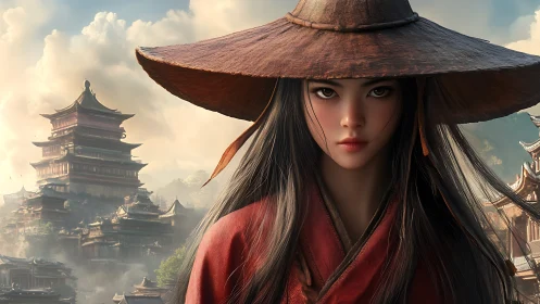 Mysterious warrior gazes over misty ancient pagoda city.