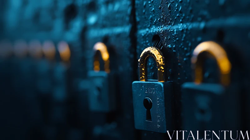 Metal padlocks are aligned on a wet dark surface in focus