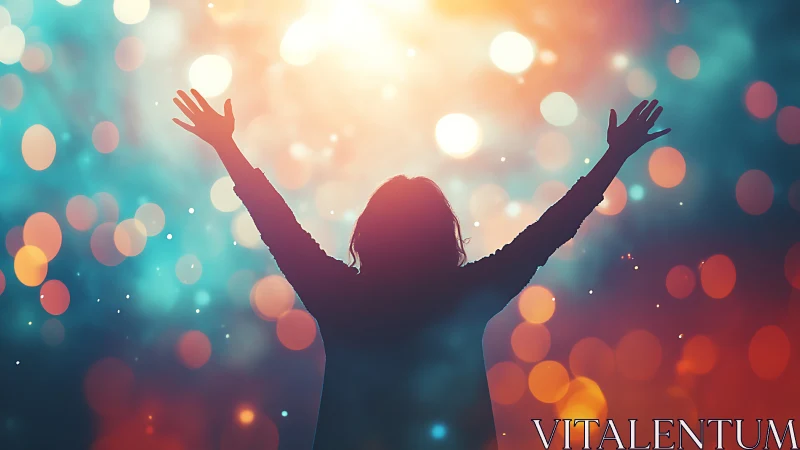 Silhouette with raised arms against luminous bokeh gradient