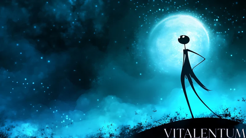 Silhouetted stick figure against luminous blue full moon.
