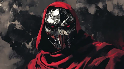 Mysterious armored figure wrapped in shadowy crimson cloth.