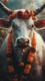 Sacred white cow in marigold garlands under soft dusk light.
