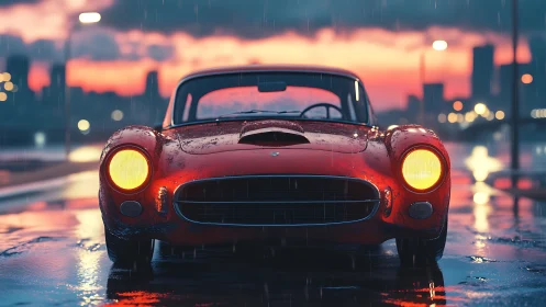 Rain-soaked crimson classic idling under a molten sunset.
