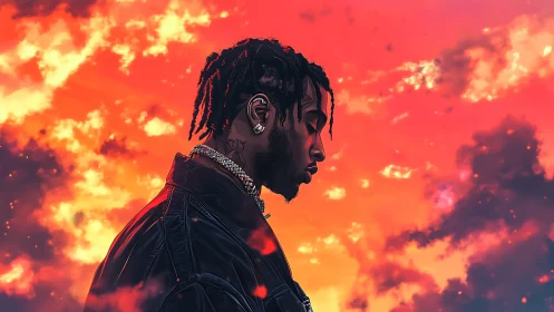 Digital painting portrait with neon dusk sky backdrop.