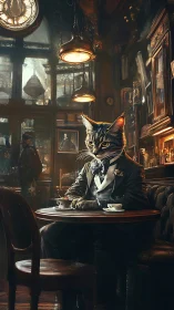 Feline Gentleman in Steampunk Cafe Ambiance.