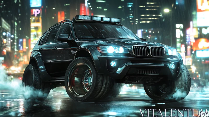 Lifted black SUV powers through neon city rain at night