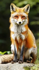 Red fox sits alert on mossy rock in lush green forest.