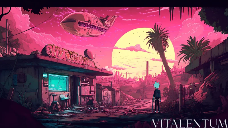 Neon magenta post apocalyptic roadside diner under alien sun