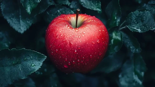 Raindrop-kissed crimson apple hangs like a glowing lantern