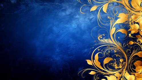 Ornate golden floral scrollwork shimmers on deep textured blue
