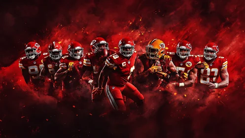 Kansas City football stars erupt through blazing red smoke.