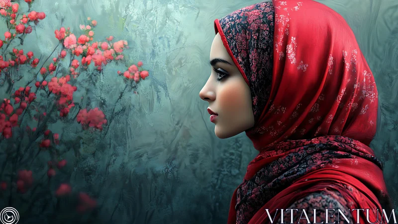 Profile portrait of veiled woman against blurred floral field