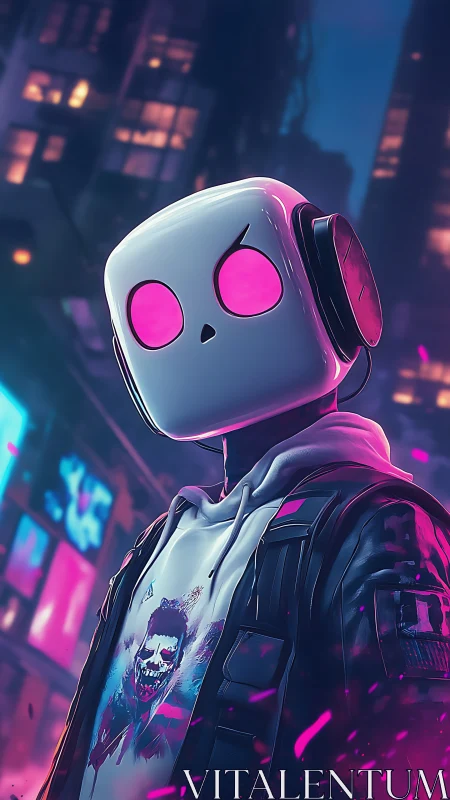Neon-headed street wanderer in a dreamy cyber city.