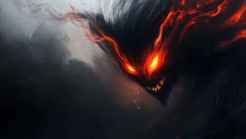 Volumetric shadow wraith with incandescent magma eyes and jaws