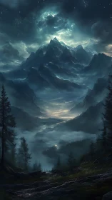 Moonlit titan peaks cradle a mist-drowned valley below.