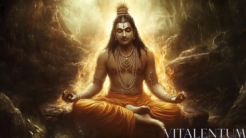 Divine yogi in fiery cave meditation, serene golden aura.