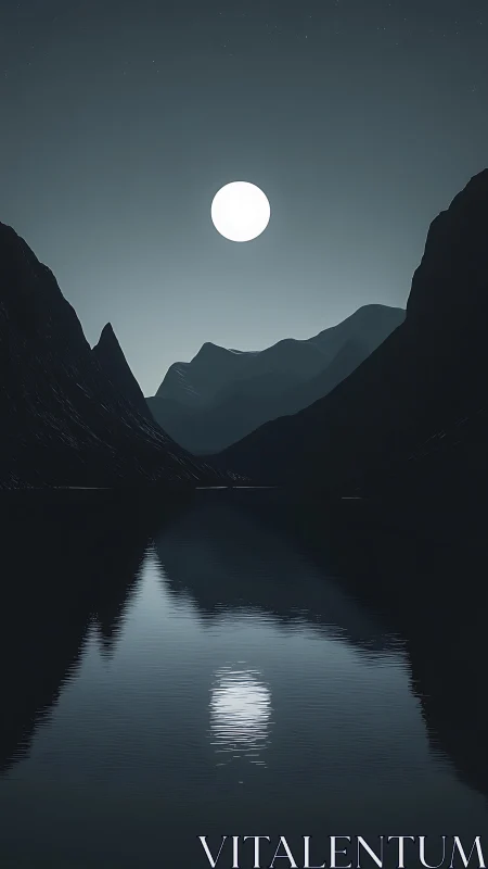 Minimalist moonlit fjord with reflective still water.