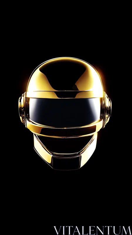 Golden reflective sci-fi visor helmet on deep black background.