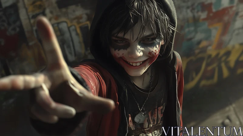 Rebel street kid smiles boldly with smeared face paint