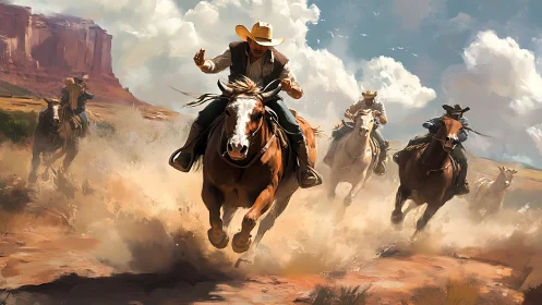 Dynamic cowboy charge across dusty plateau terrain rendered.