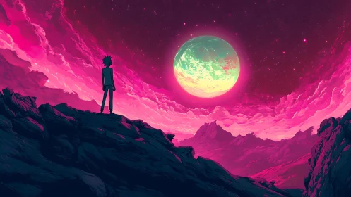 Solitary silhouette on neon magenta alien ridge under vast moon