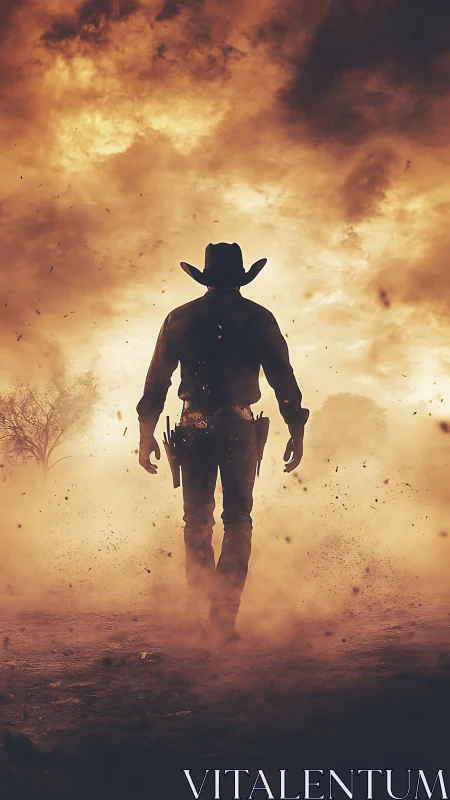 Dust-born gunslinger strides into molten evening storm