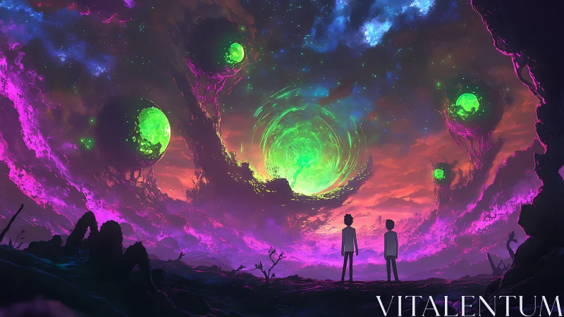 Bioluminescent vortex sky with silhouetted observers at horizon.