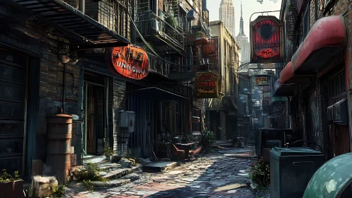 Digital painting of dystopian urban alley with deep perspective.